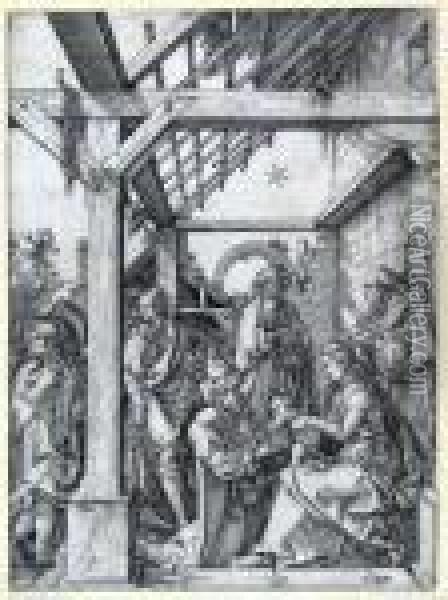 Die Anbetung Der Heiligen Drei Konige Oil Painting - Marcantonio Raimondi