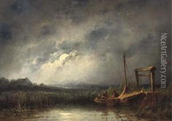 Fishing By Moonlight Oil Painting - Johannes Hilverdink