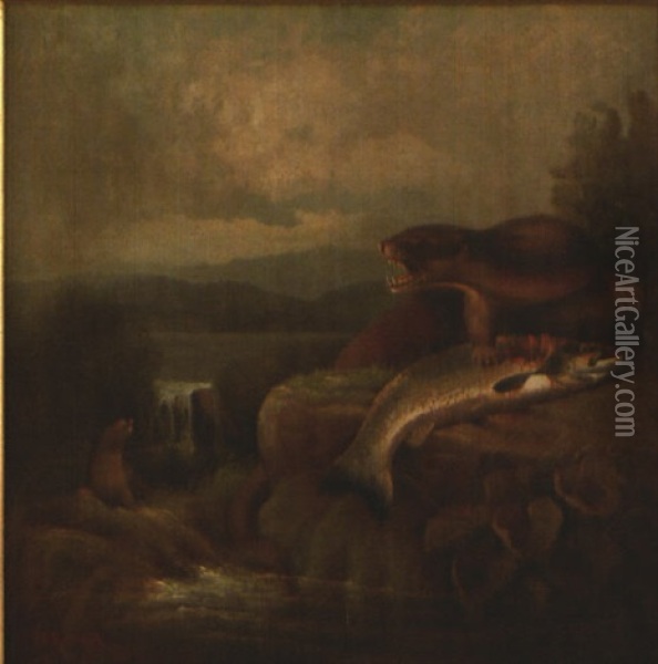 Two Otters And A Trout Oil Painting - John Bucknell Russell