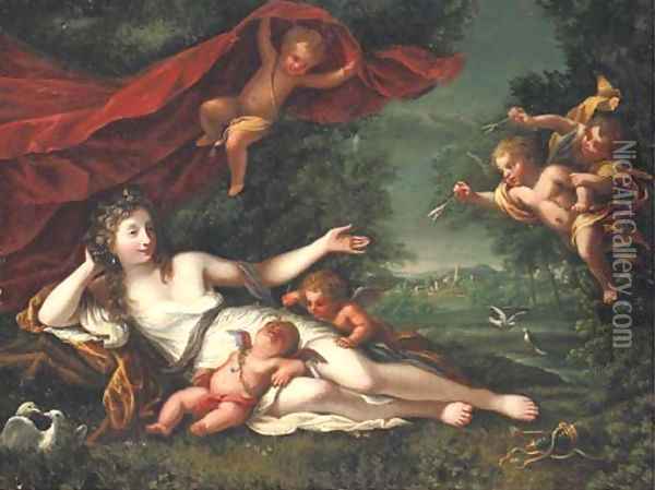 Venus and Cupid with attendant putti, a classical landscape beyond Oil Painting - Henri Gascars
