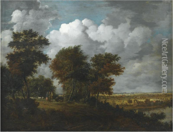 An Extensive Landscape With 
Figures And Sheep On A Path Through Woodland To The Left, And A Distant 
View Across A River To A Broad Plain To The Right Oil Painting - Philips Koninck