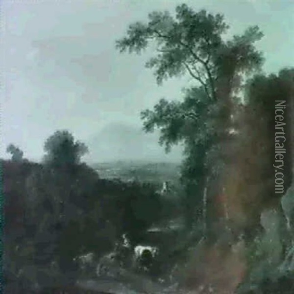 A Cowherd Conversing With A Peasant Woman On A Forest Path  An Extensive Valley Beyond, At Sunset Oil Painting - Dirk Maes