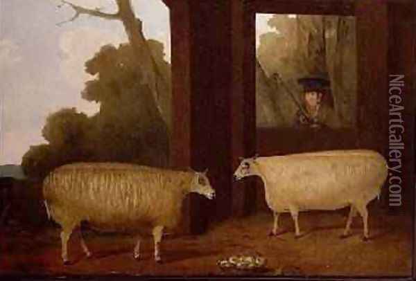 A Pair of Prize Rams with a Farmer Beside a Pen 1832 Oil Painting - G.B. Newmarch