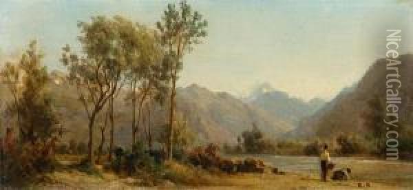 River Landscape. Oil Painting - Karl Girardet