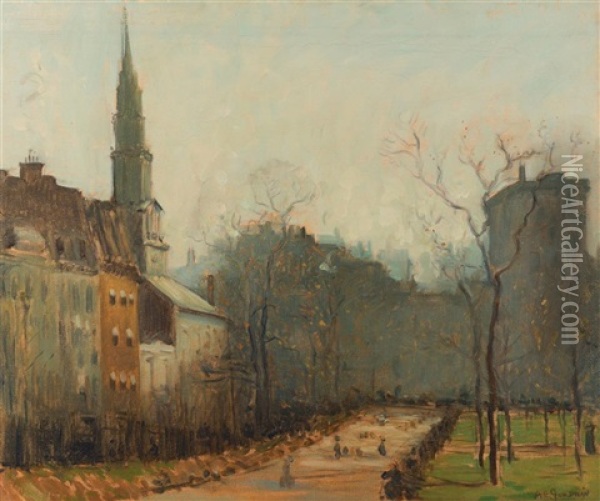 Boston Common View With Park Street Church Oil Painting - Arthur Clifton Goodwin