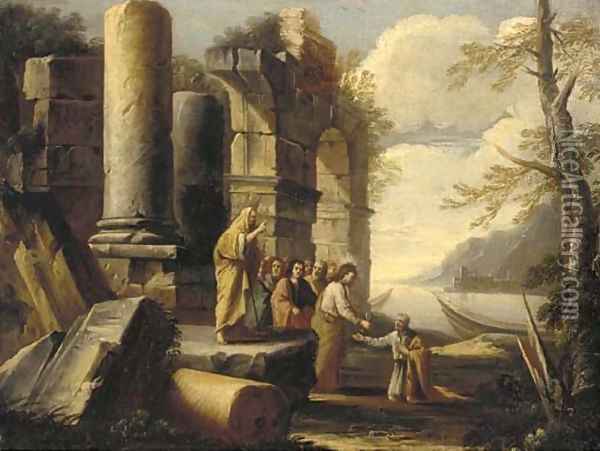 A capriccio of classical ruins with Christ's Charge to Peter Oil Painting - Salvator Rosa