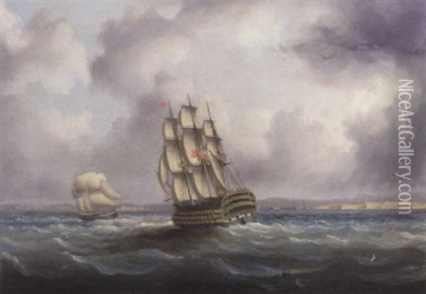 A British First Rate In The Atlantic With Cadiz Off To Starboard Oil Painting - James Edward Buttersworth