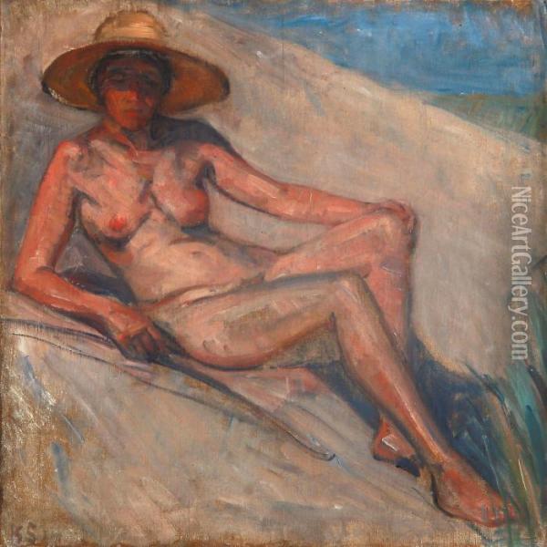 A Nude Woman Sunbathing Oil Painting - Carl Schou