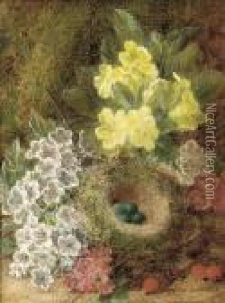 May Blossom, Primulas, Berries, And A Bird's Nest With Eggs Oil Painting - George Clare