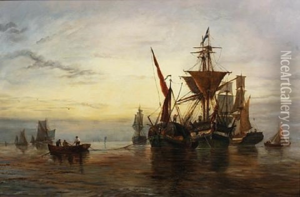 Schooners, Sailing Barges And Other Vessels In A Calm Oil Painting - George Stainton