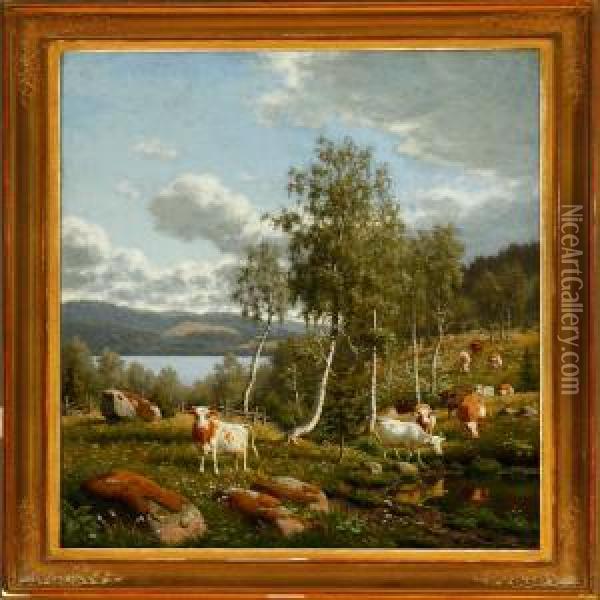 Swedish Landscape Withcattle Near A Lake Oil Painting - Carl Henrik Bogh
