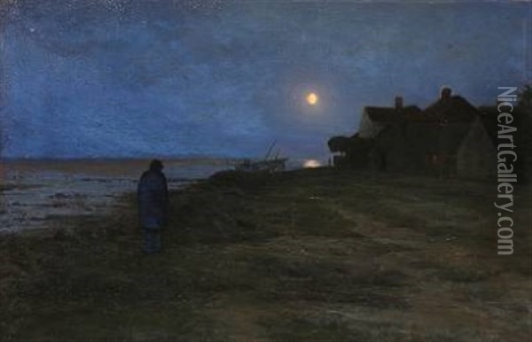 Coastal Scene From Dragor In Denmark At Moonlight Oil Painting - Carl Christian Ferdinand Wentorf