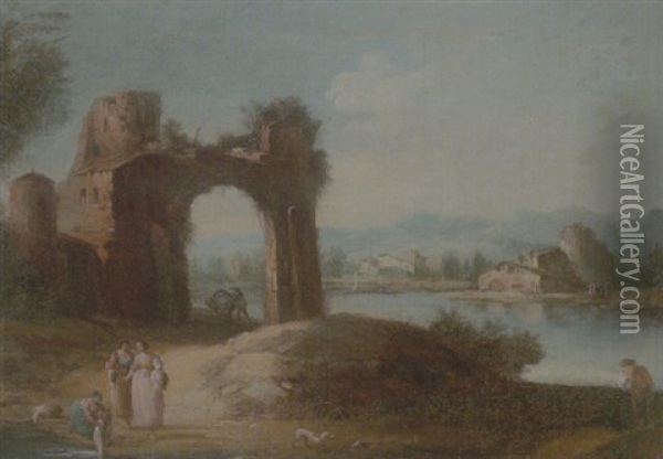 A River Landscape With Washerwomen, A Ruined Arch Beyond Oil Painting - Giovanni Battista Cimaroli