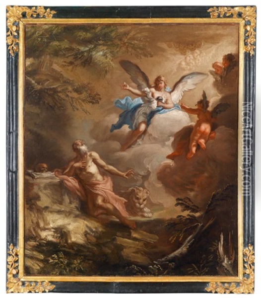 Ein Engel Bringt Dem Heiligen Hieronymus In Der Wuste Die Kommunion (+ Zwei Engel Bringen Der Bussenden Heiligen Maria Magdalena Das Kreuz; Pair) Oil Painting - Girolamo Brusaferro
