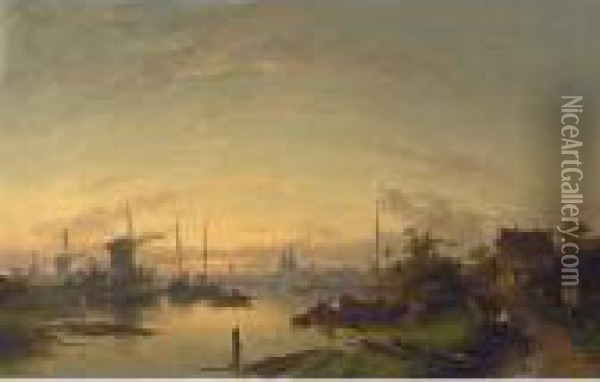 A River Scene At Dusk, Windmills In The Distance Oil Painting - Charles Henri Leickert