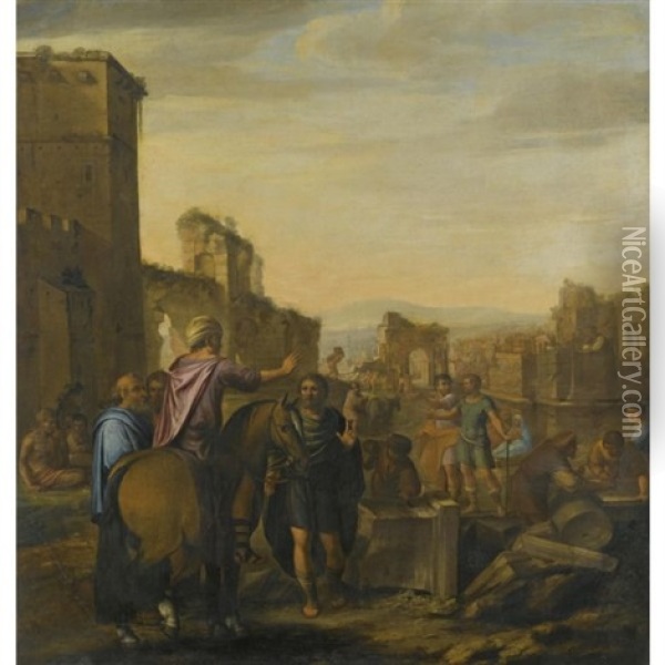 A Classical Landscape With Architechts Giving Instructions To Masons Oil Painting - Nicolas Colombel