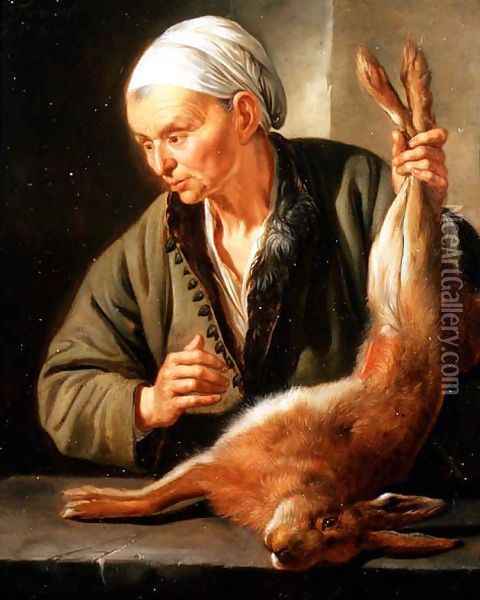 Woman with a dead hare, 1675 Oil Painting - Jacob Toorenvliet