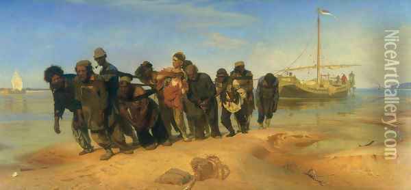 Convicts pulling a boat along the Volga River, Russia, 1873 Oil Painting - Ilya Efimovich Efimovich Repin