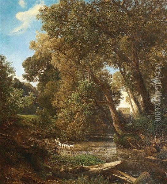 Landschaft Bei Friedrichsruh Mit Enten, Bach Und Ferner Muhle Oil Painting - Johann Valentin Ruths