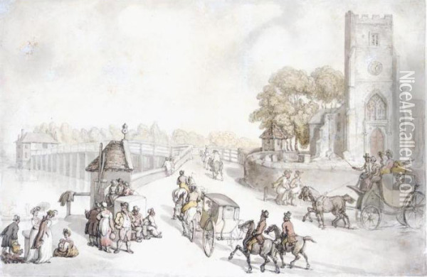 Putney Bridge From The South Side, London Oil Painting - Thomas Rowlandson