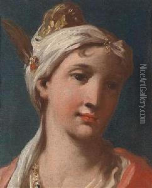 Portrait Of A Girl In A Turban-like Headdress Adorned With Pearls Oil Painting - Giovanni Antonio Pellegrini