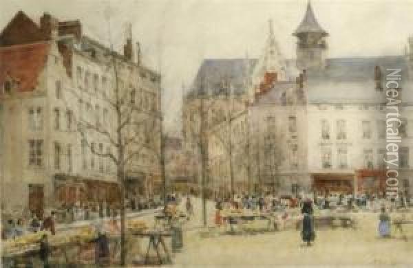 Continental Town Square Oil Painting - Arthur George Bell