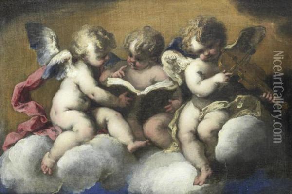 Three Putti Sitting On A Cloud Reading, Two Reading, One Playing A Violin Oil Painting - Valerio Castello