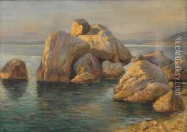 Capri. View On The Coastal 
Cliffs At Sunset. Signed And Dated Lower Left: Max Usadel Capri 192 Oil Painting - Max Usadel