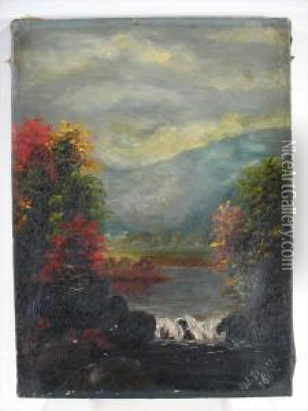 Mountainand Lake Scene Oil Painting - J. Stuart
