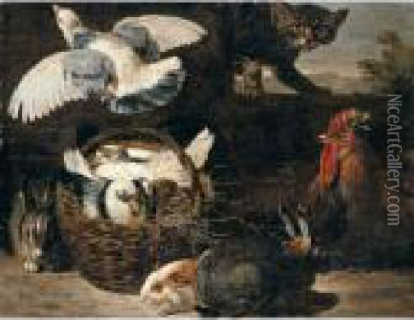 A Still Life Of Pigeons, 
Rabbits, A Cat, A Chicken And A Guinea Pig In A Farmyard Setting Oil Painting - David de Coninck