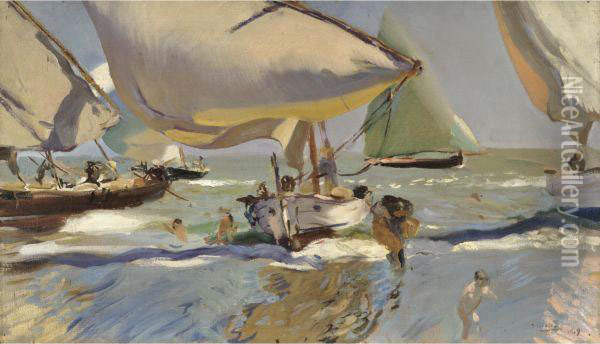Barcas En La Playa (boats On The Shore) Oil Painting - Joaquin Sorolla Y Bastida