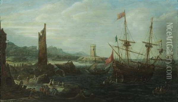 A Coastal Capriccio Scene With Numerous Figures In The Foreground Oil Painting - Andries Van Eertvelt