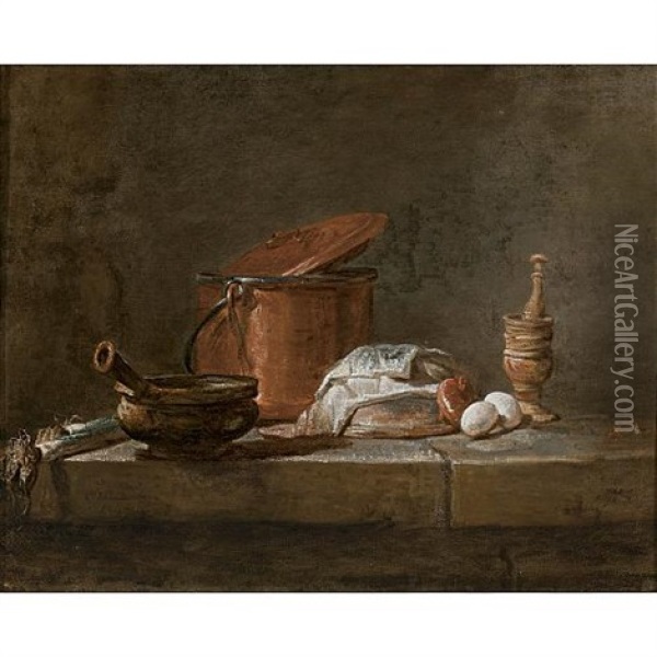 Still Life With Leeks, A Casserole And A Cloth Oil Painting - Jean-Baptiste-Simeon Chardin