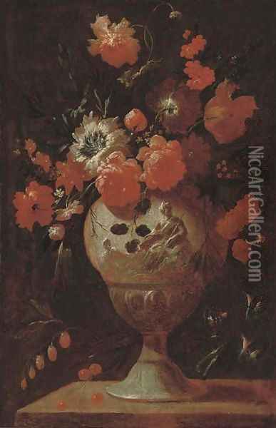 Roses, carnations and other flowers in a vase on a ledge Oil Painting - Jean-Baptiste Monnoyer
