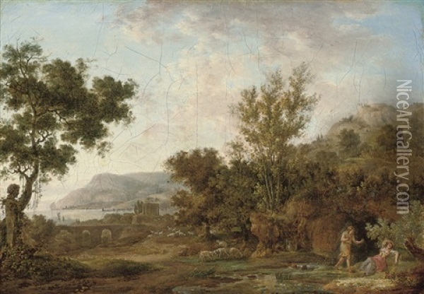A Wooded River Landscape With An Amorous Couple In The Foreground Oil Painting - Jean Baptiste Francois Genillion