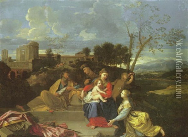 The Holy Family With Saint Mary Magdalen In An Arcadian Landscape Oil Painting - Nicolas Pierre Loir
