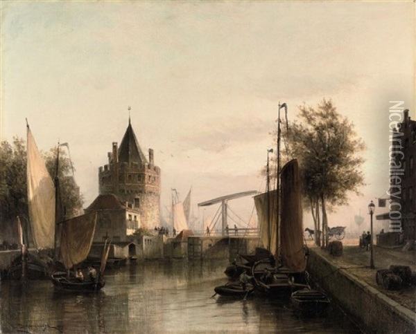 View Of Amsterdam, With The Schreierstoren Oil Painting - Cornelis Christiaan Dommelshuizen