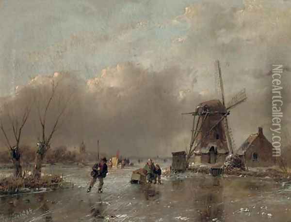 Skaters by a mill with a koek en zopie beyond Oil Painting - Andreas Schelfhout
