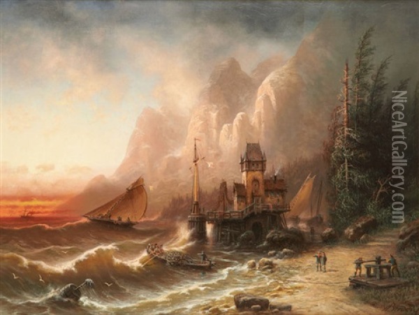 Le Halage De La Barque De Peche Oil Painting - Albert Bredow