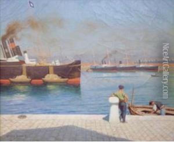Marin Sur Le Quai Dans Le Port De Toulon. Oil Painting - Henry Bouvet