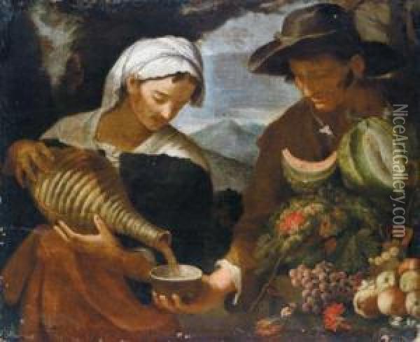 Una Donna Che Versa Vino Nella Scodella Di Un Fruttivendolo Oil Painting - Lorenzo Pasinelli