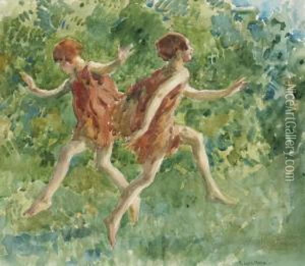 Girls Dancing In A Landscape Oil Painting - Francis Luis Mora