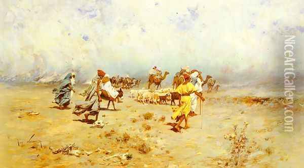 An Arab Caravan On The Move Oil Painting - Jose Navarro Llorens