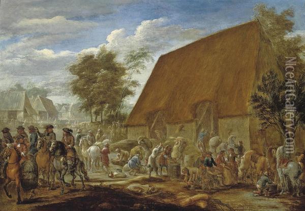 Farmers Threshing Corn Before A Thatched Barn Oil Painting - Lambert de Hondt