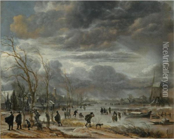 A Winter Lanscape With Figures 
Battling Across A Frozen River Ina Snowstorm, A Post Mill To The Right Oil Painting - Aert van der Neer