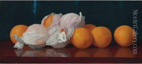 Wrapped Oranges On A Tabletop Oil Painting - William Joseph Mccloskey