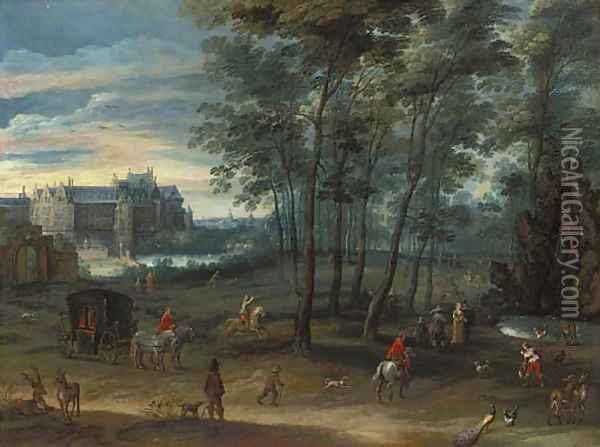 The park of the Viceregal Palace, Brussels, with elegant company by a fountain Oil Painting - Pieter Meulener