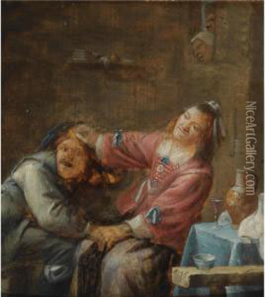 A Couple Fighting In An Interior Oil Painting - Joos van Craesbeeck