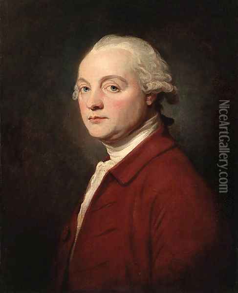 Portrait of a Gentleman said to be John Kenwick, half length, wearing a red jacket Oil Painting - George Romney