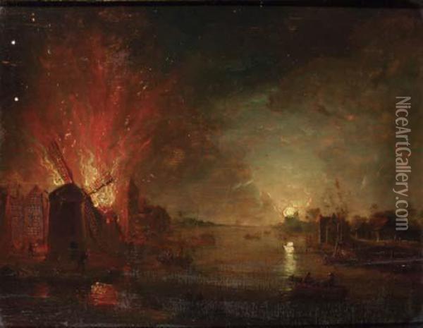 A Mill On Fire On A Riverbank Oil Painting - Aert van der Neer